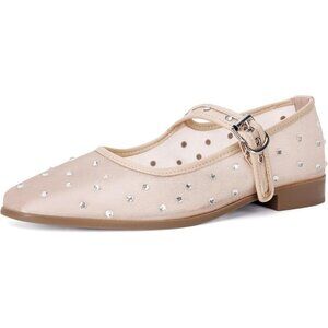 Doeyg Flat Shoes Women Pink Fabric Sparkly Buckle Strap Square Comfy Casual Shoe